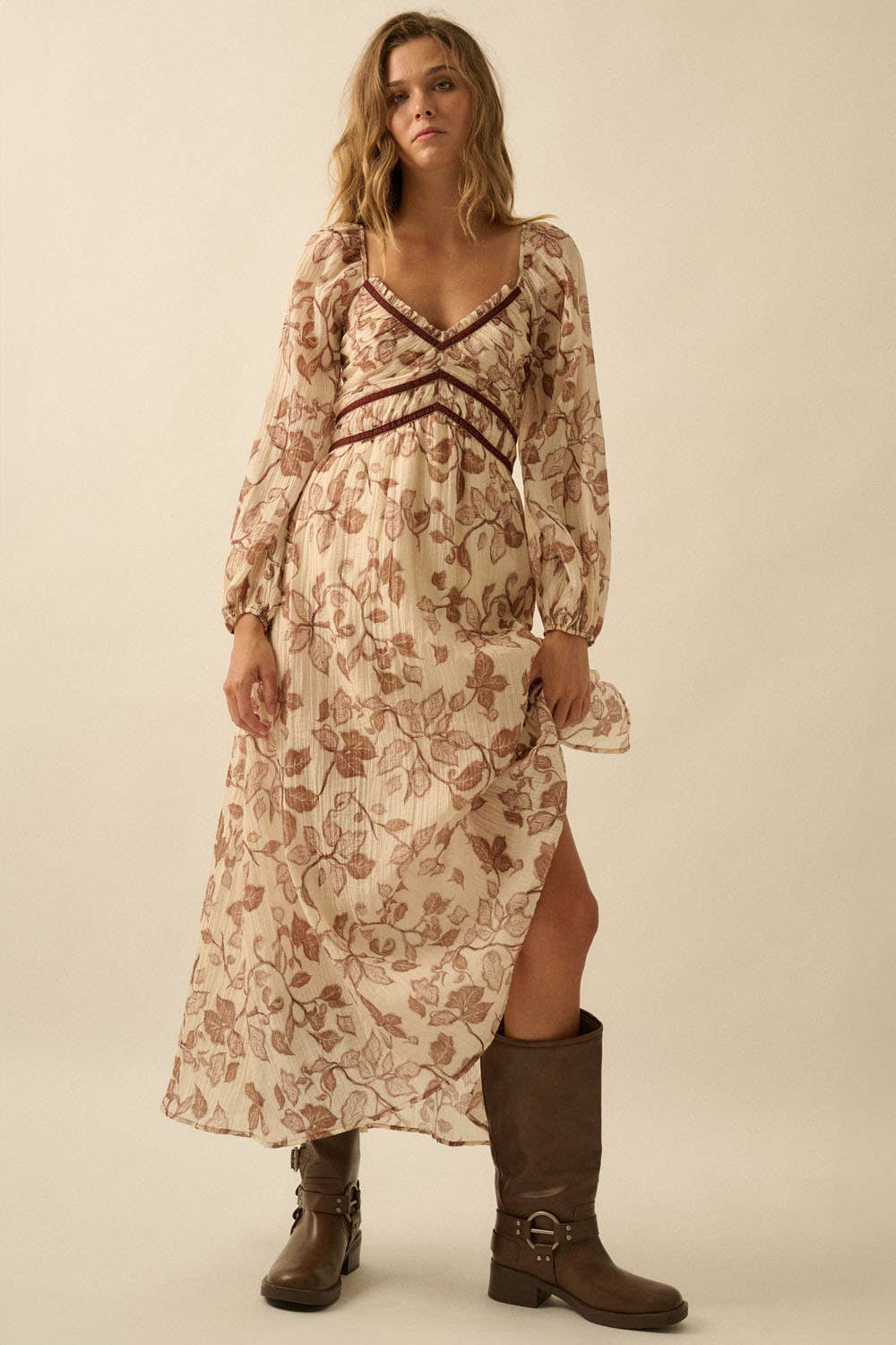 Floral Crepe Velvet-Trimmed Maxi Dress S / Sand