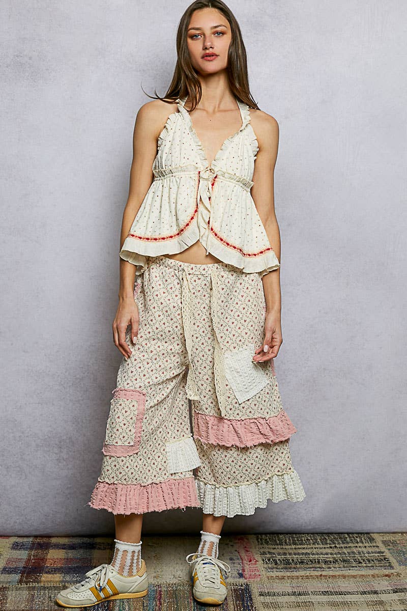 Halter Neck Ruffle Lace Trim Floral Knit Sleeveless Top