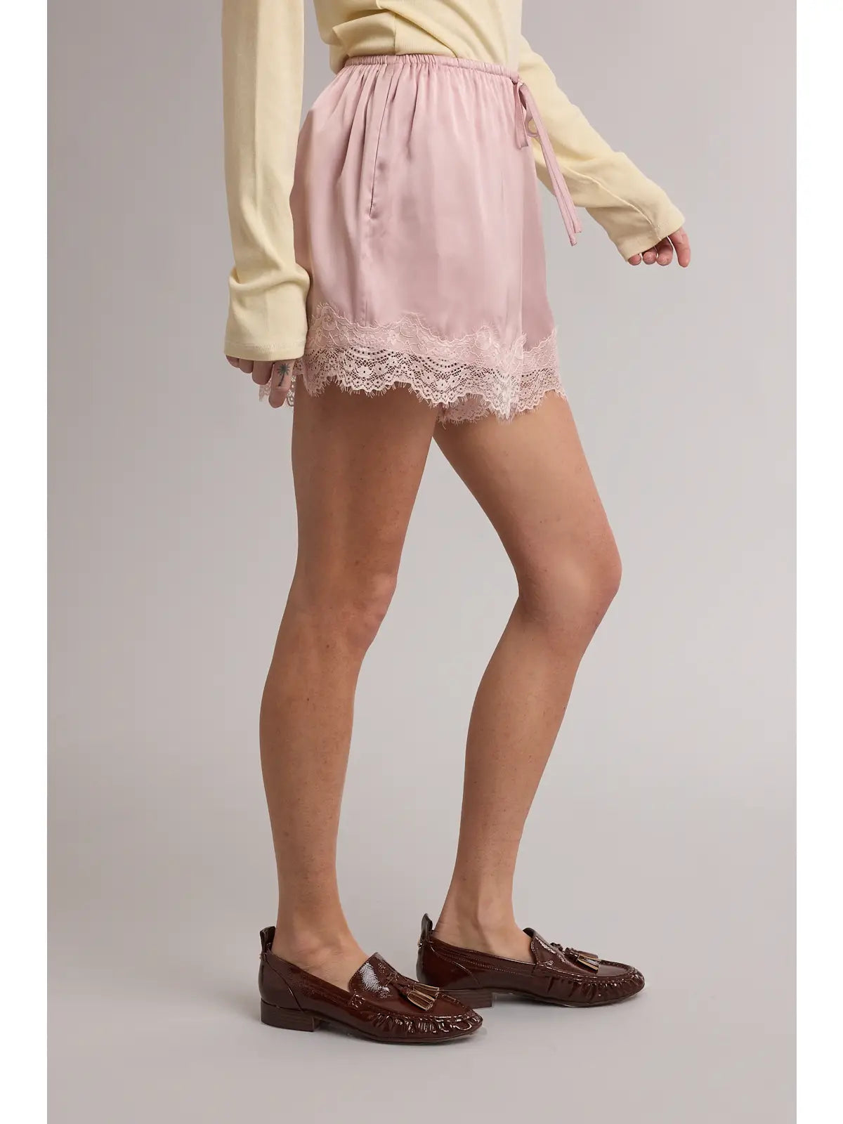 Scallop Lace Trim Satin Shorts