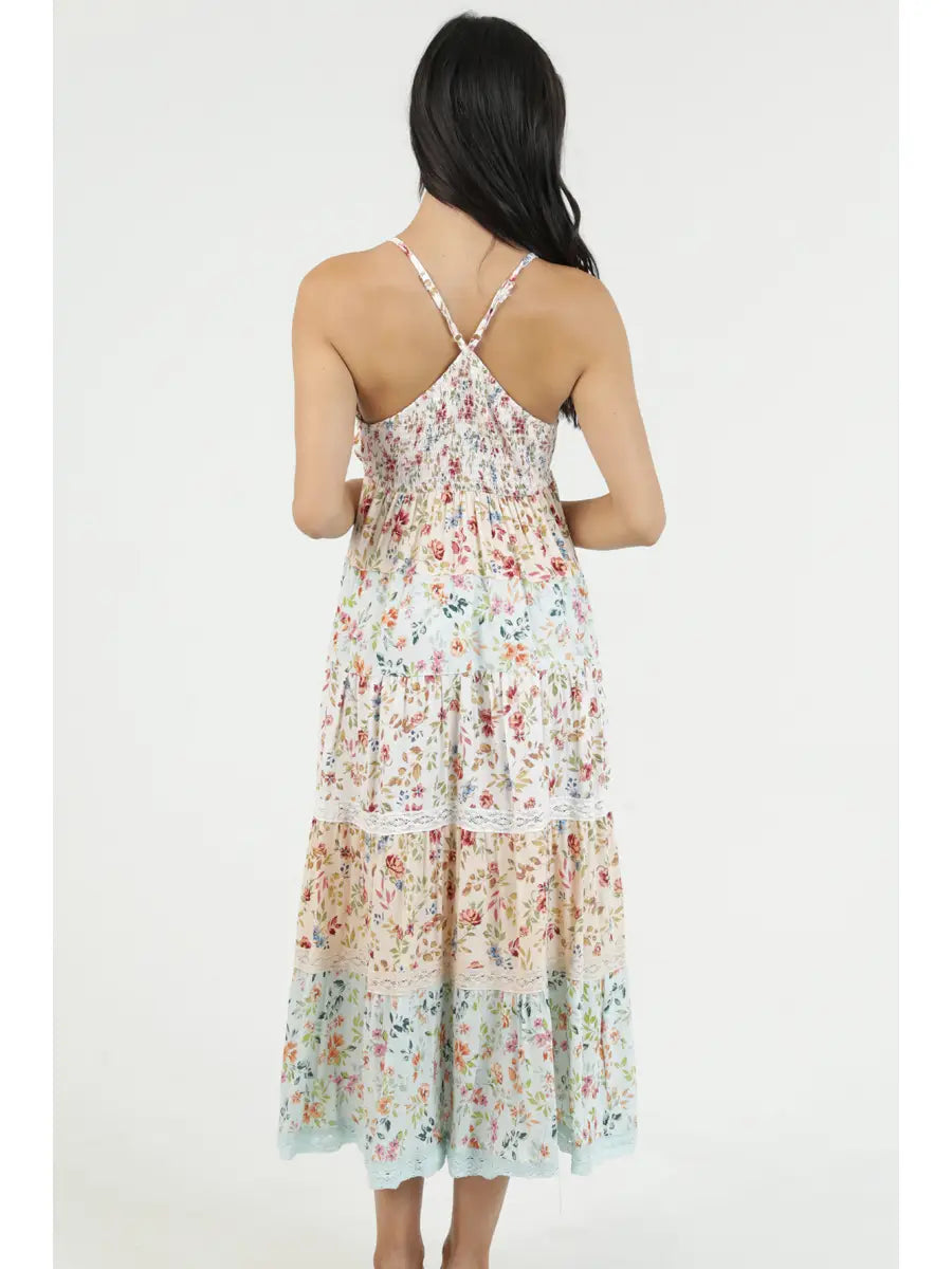 Trim Tiered Mix Print Maxi Dress