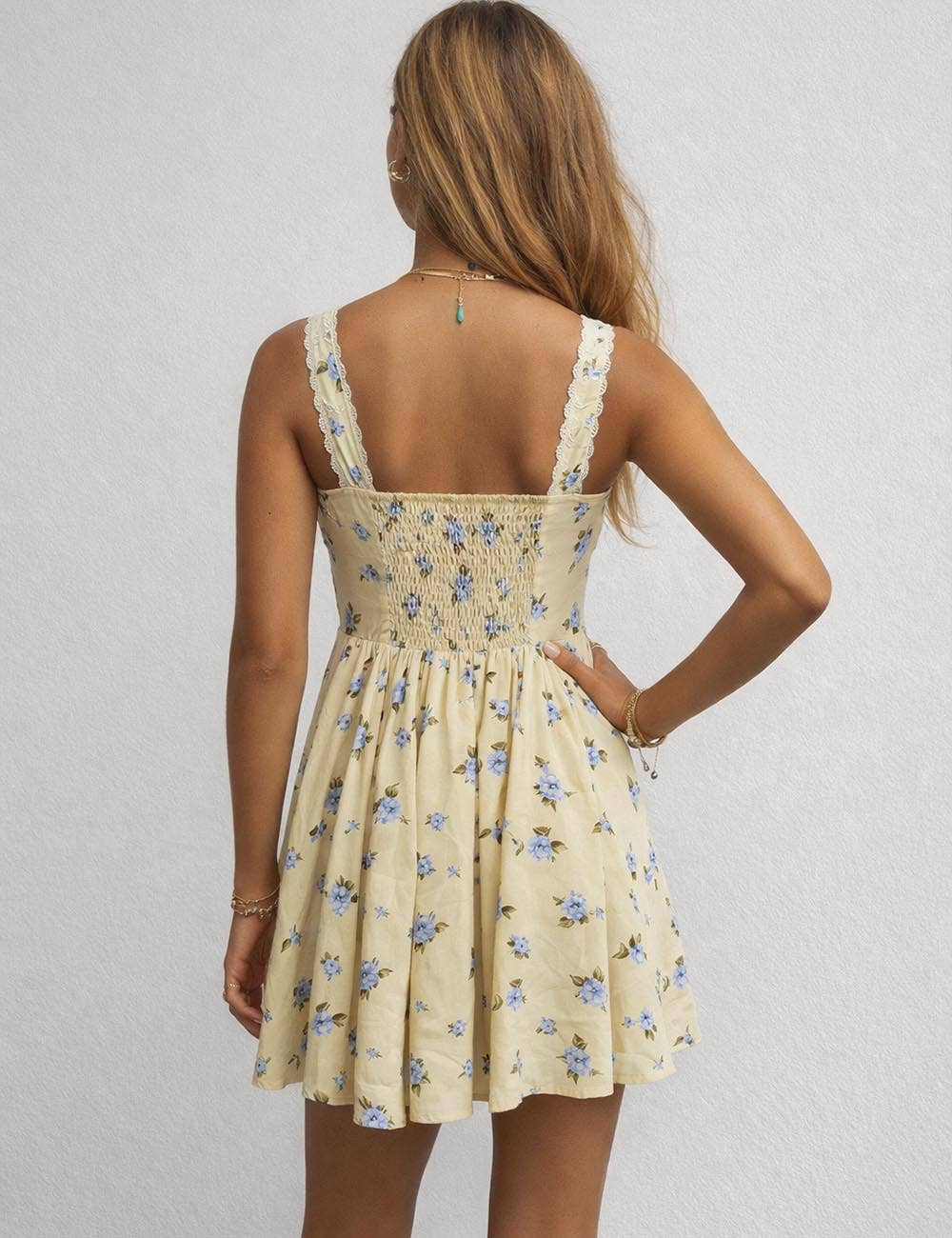 Boho Floral Lace Trim Ruched Mini Dress