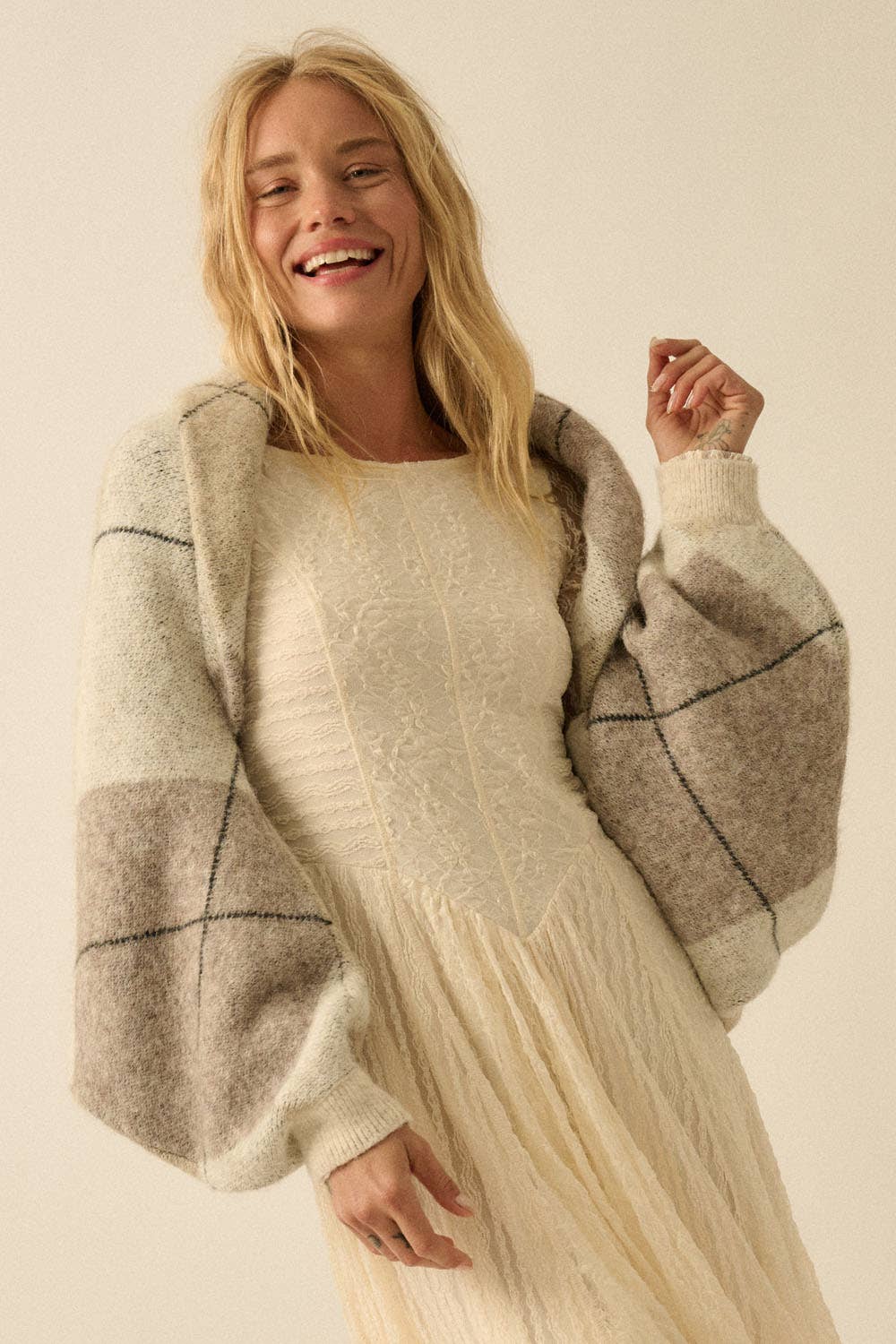 Argyle Jacquard-Knit Shrug Cardigan