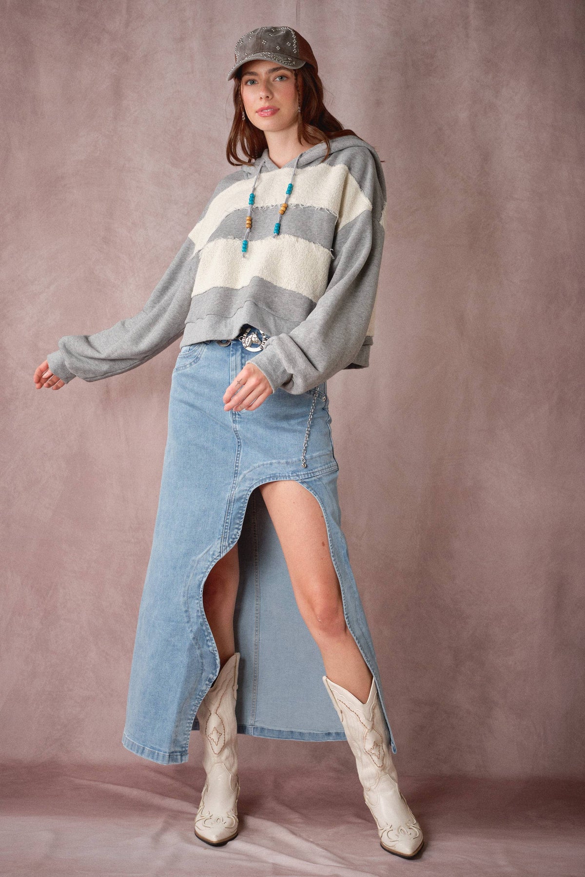 Wave Denim Midi Skirt