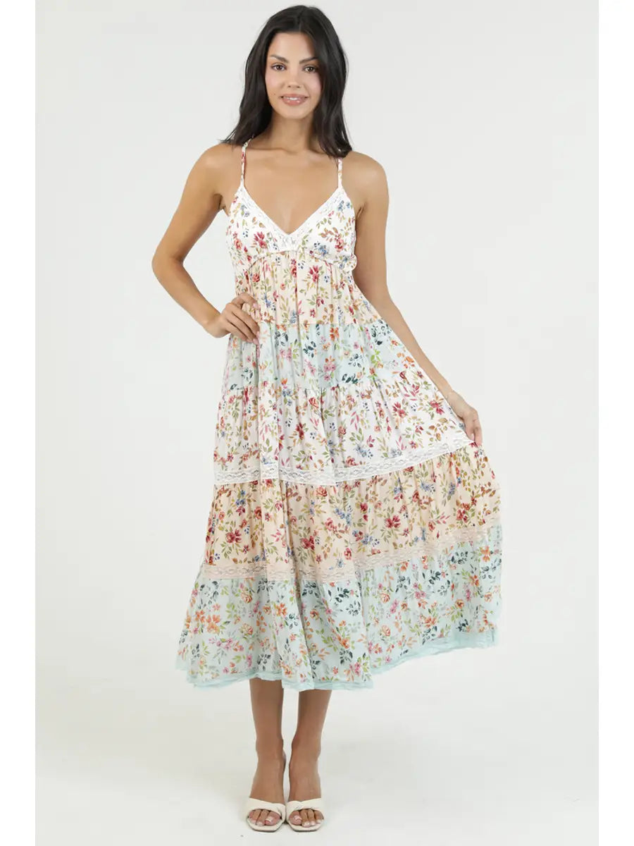 Trim Tiered Mix Print Maxi Dress