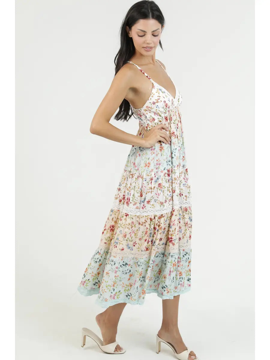 Trim Tiered Mix Print Maxi Dress