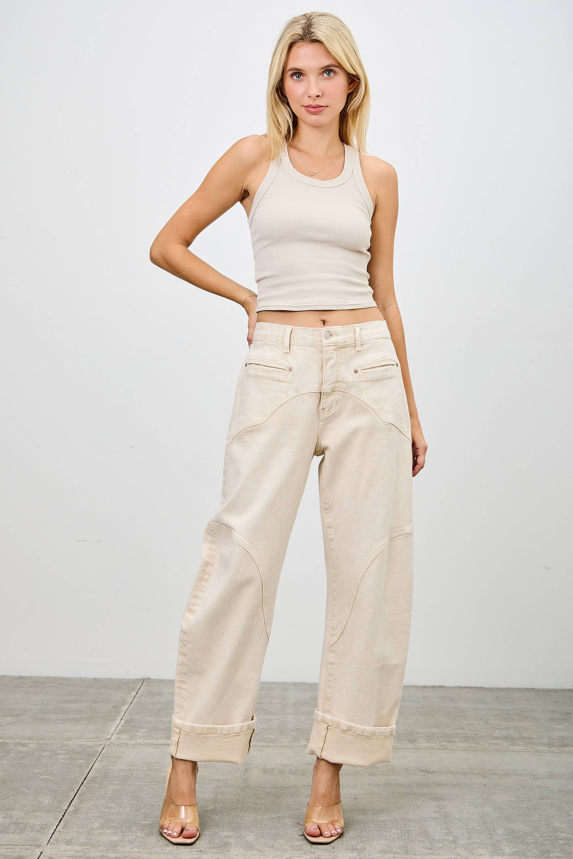 High Rise Colored Barrel Jean