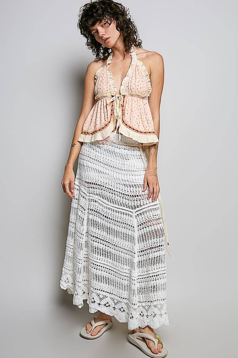 Halter Neck Ruffle Lace Trim Floral Knit Sleeveless Top