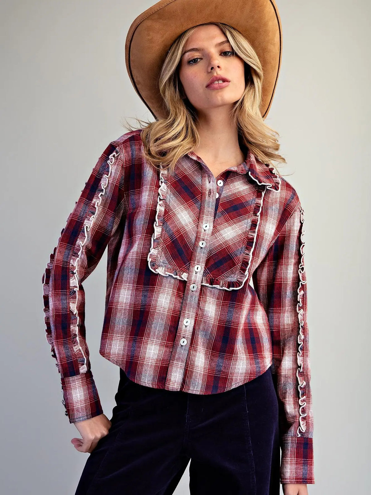 Plaid Ruffle Button Down