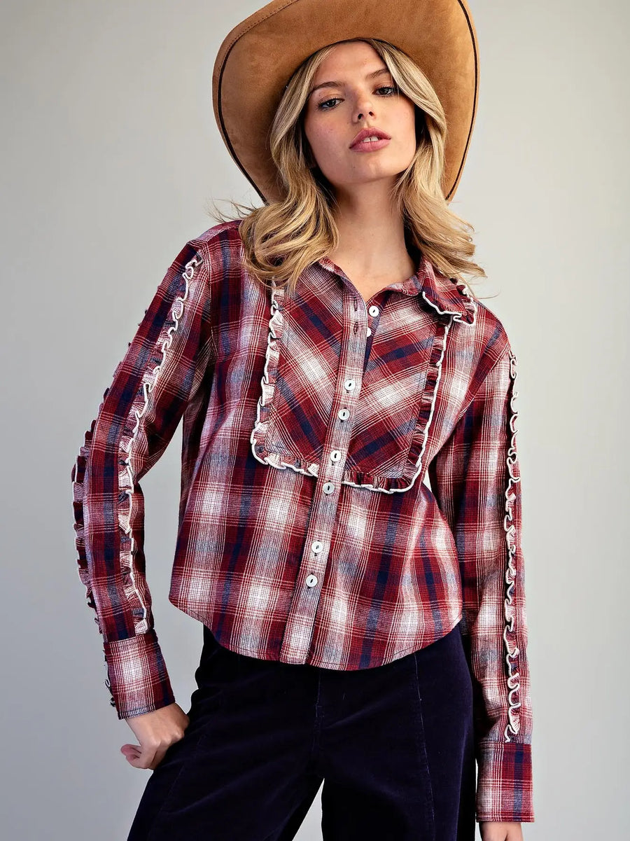 Plaid Ruffle Button Down