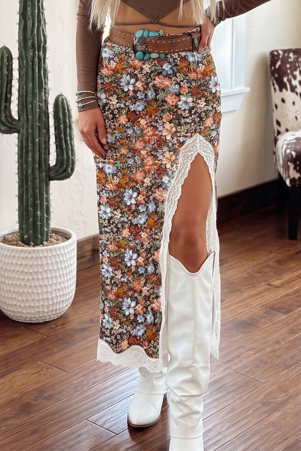 Western High Waist Slit Skirt