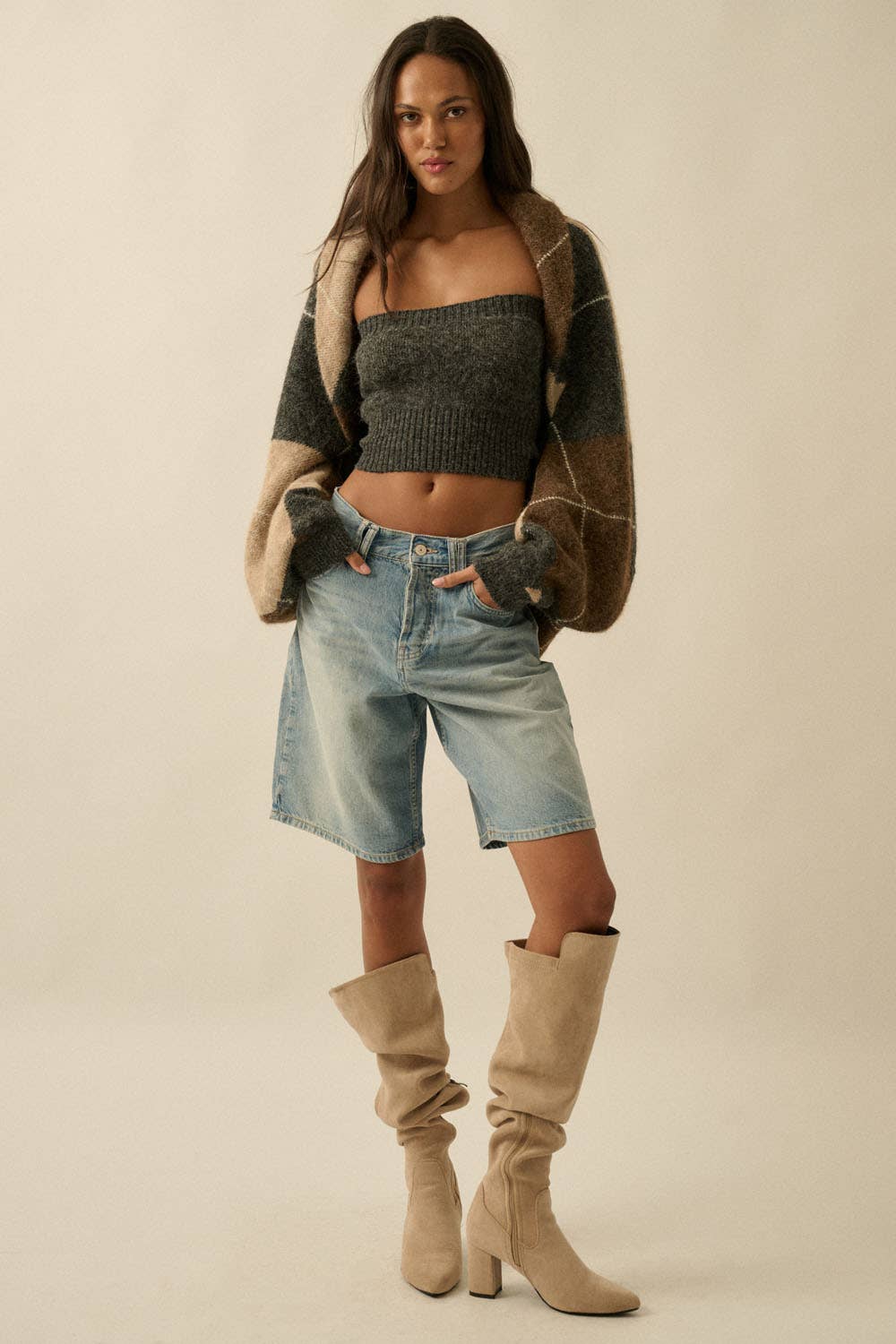 Argyle Jacquard-Knit Shrug Cardigan