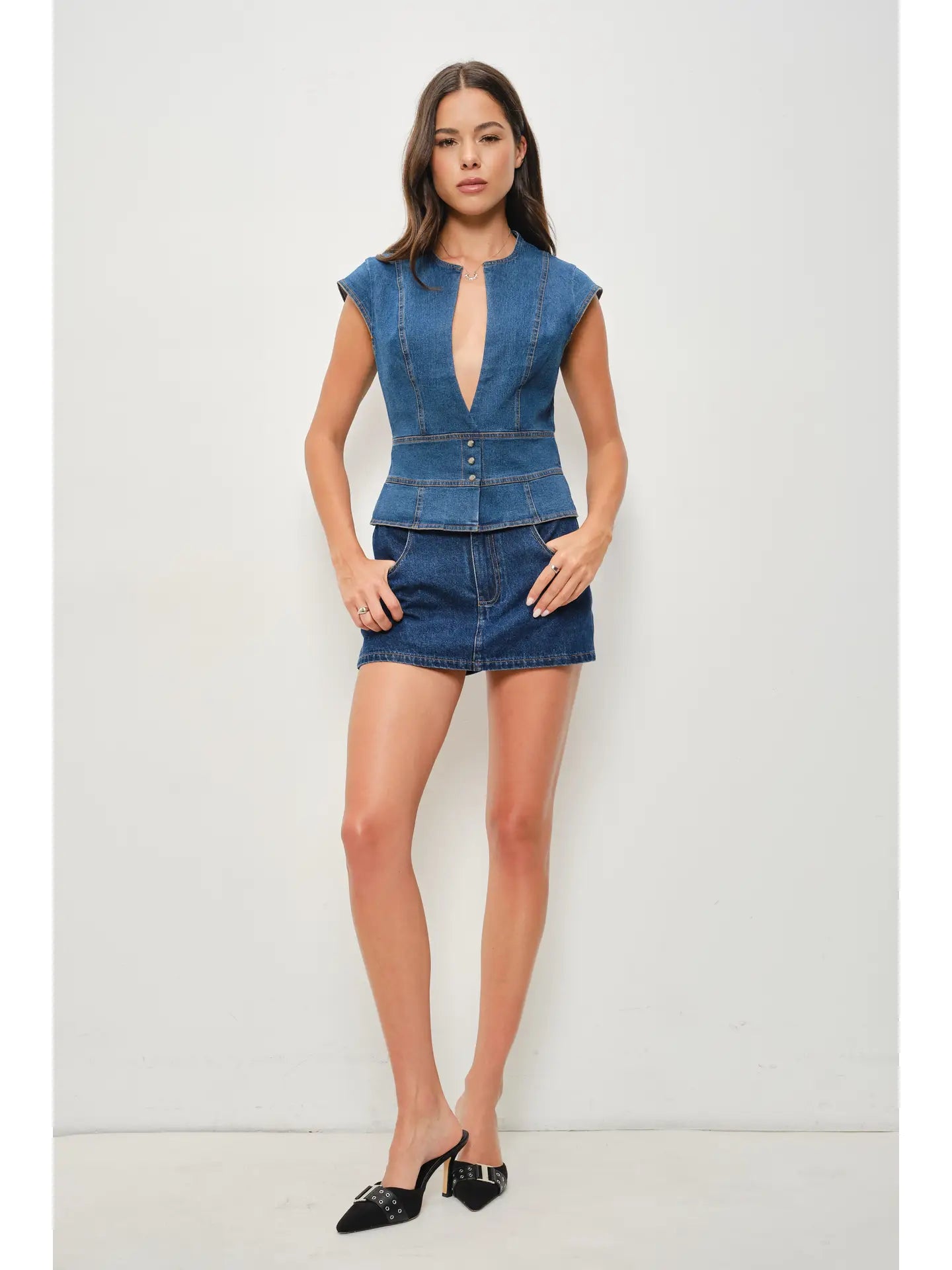 Leah Cap Sleeve Denim Top