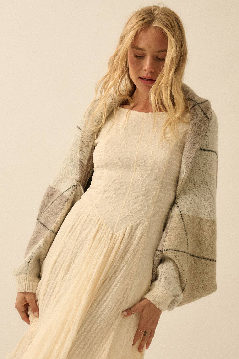 Argyle Jacquard-Knit Shrug Cardigan