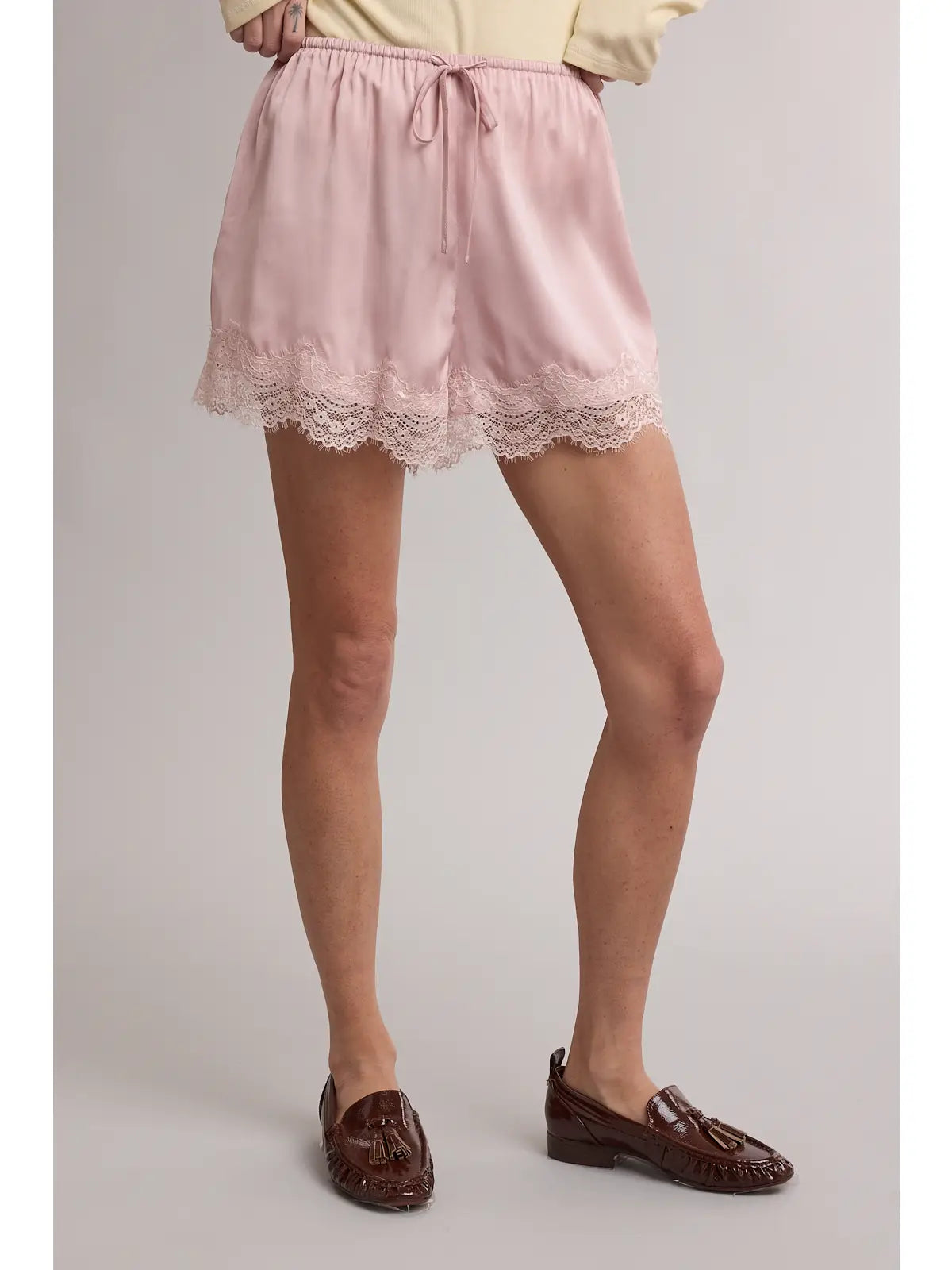 Scallop Lace Trim Satin Shorts