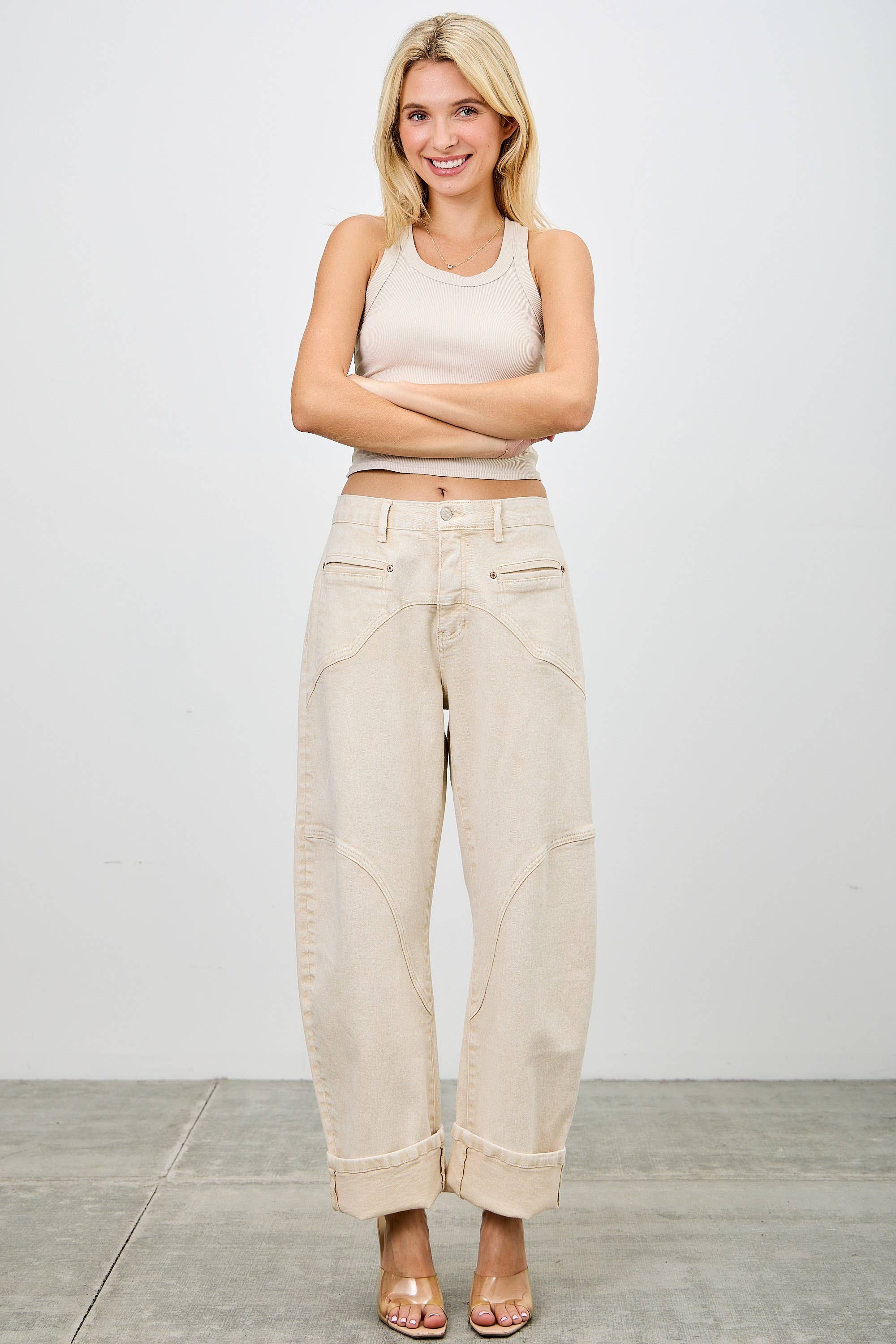 High Rise Colored Barrel Jean