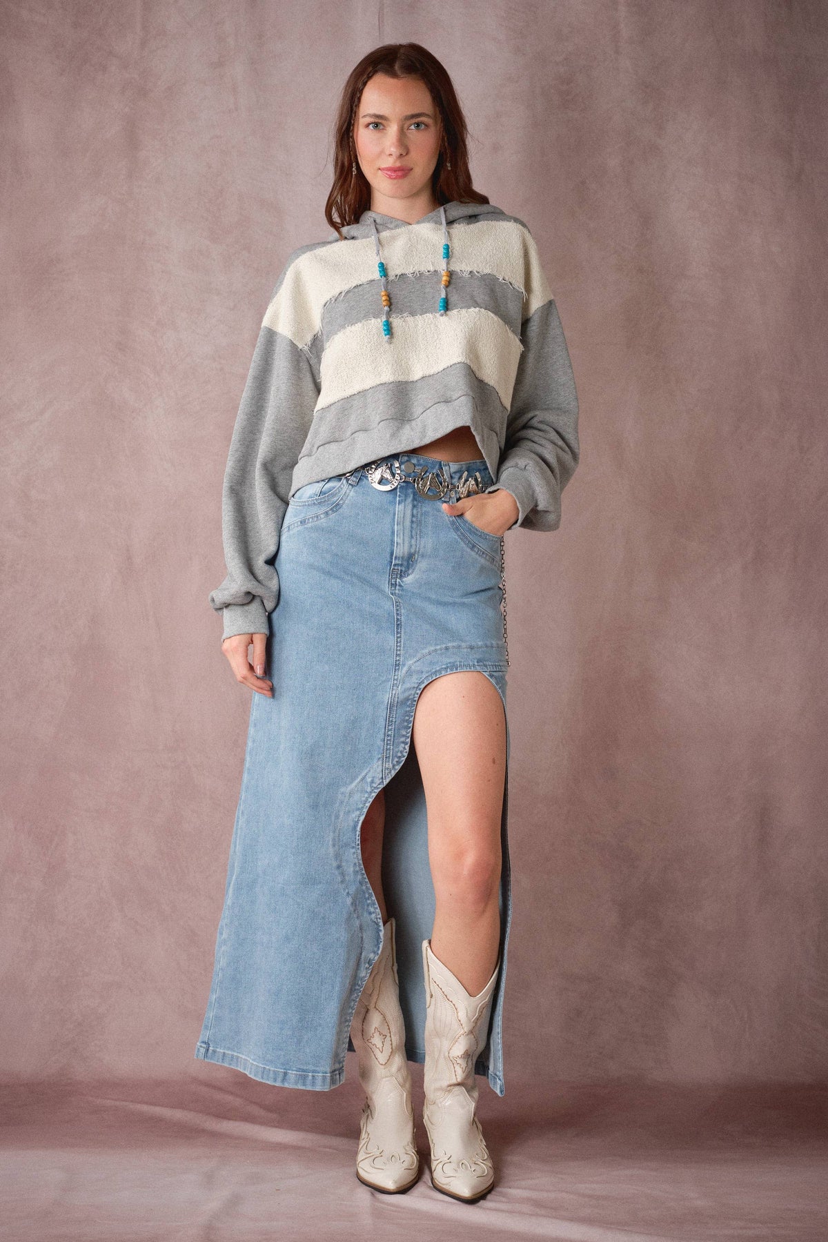 Wave Denim Midi Skirt