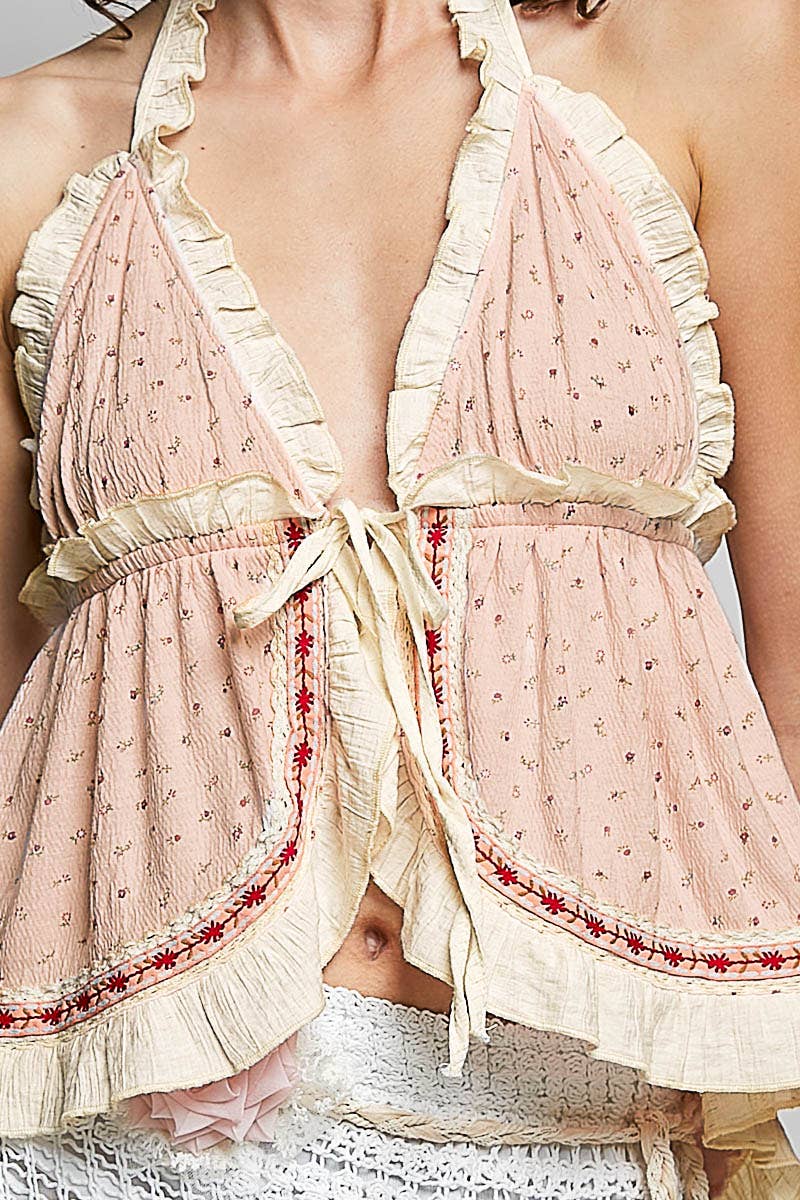 Halter Neck Ruffle Lace Trim Floral Knit Sleeveless Top