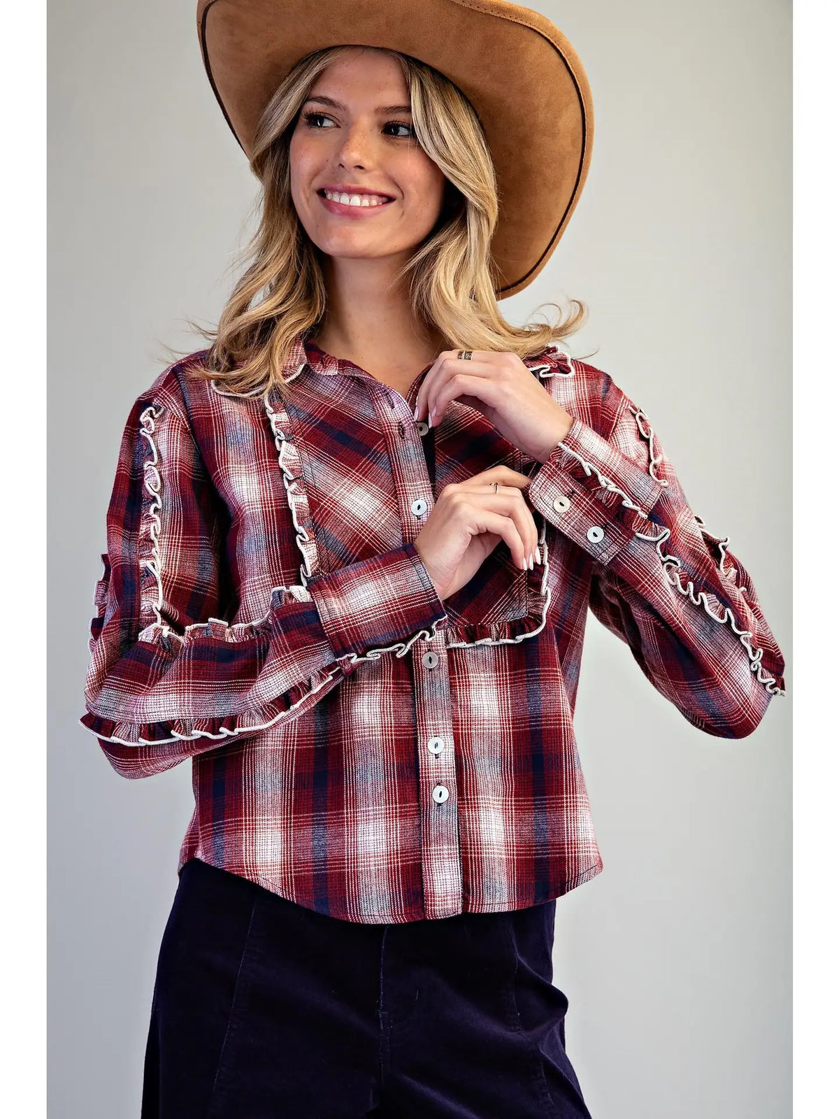 Plaid Ruffle Button Down