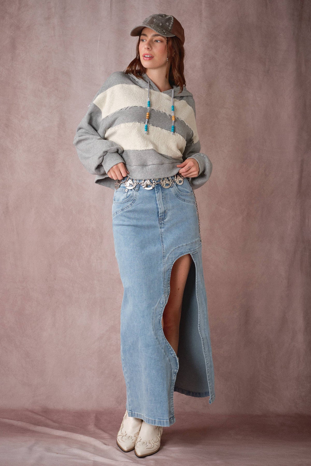 Wave Denim Midi Skirt